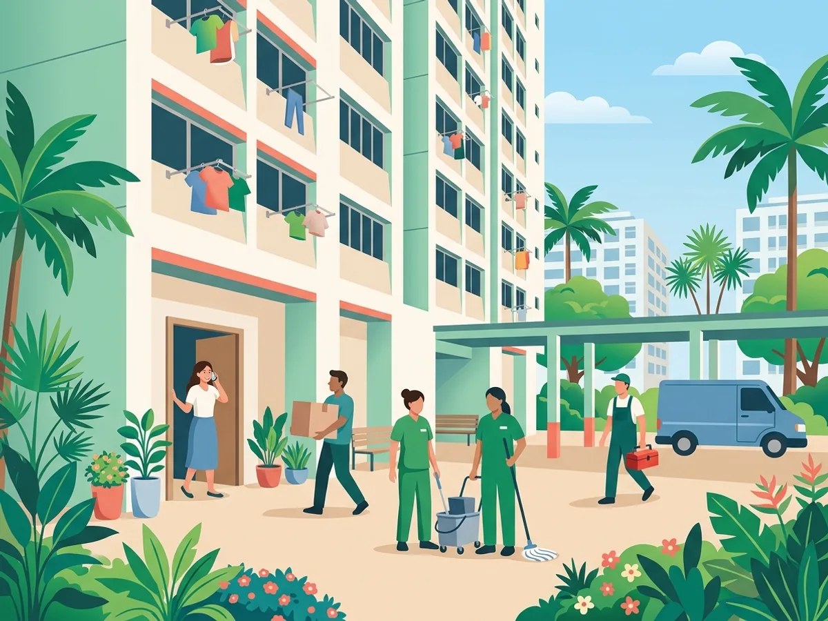 Illustration of a mover, cleaner and handyman arriving at a Singapore HDB block