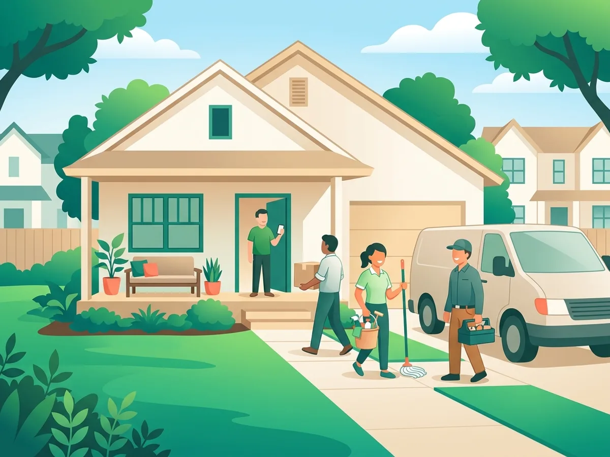 Illustration of a mover, house cleaner and HVAC technician arriving at an American suburban home