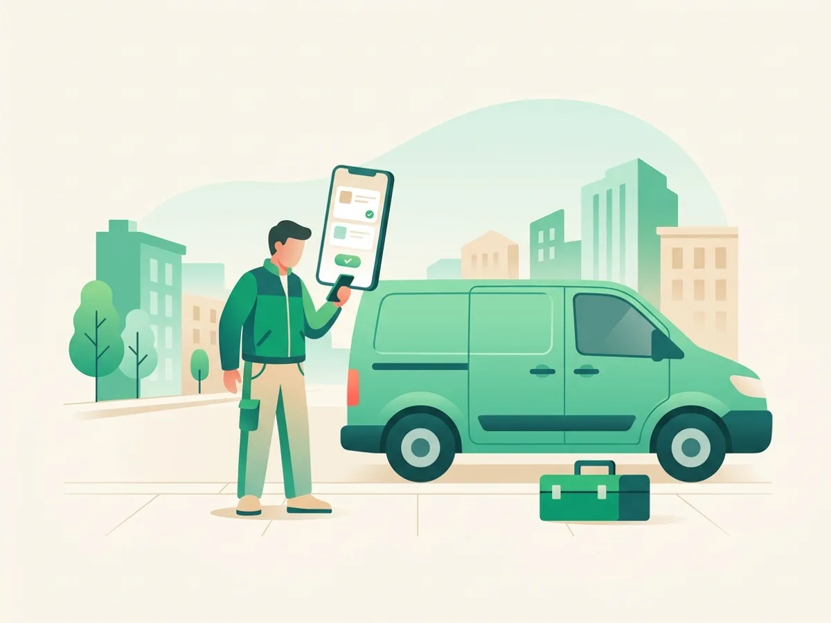 Illustration of a tradesperson by a van checking new job requests on a phone