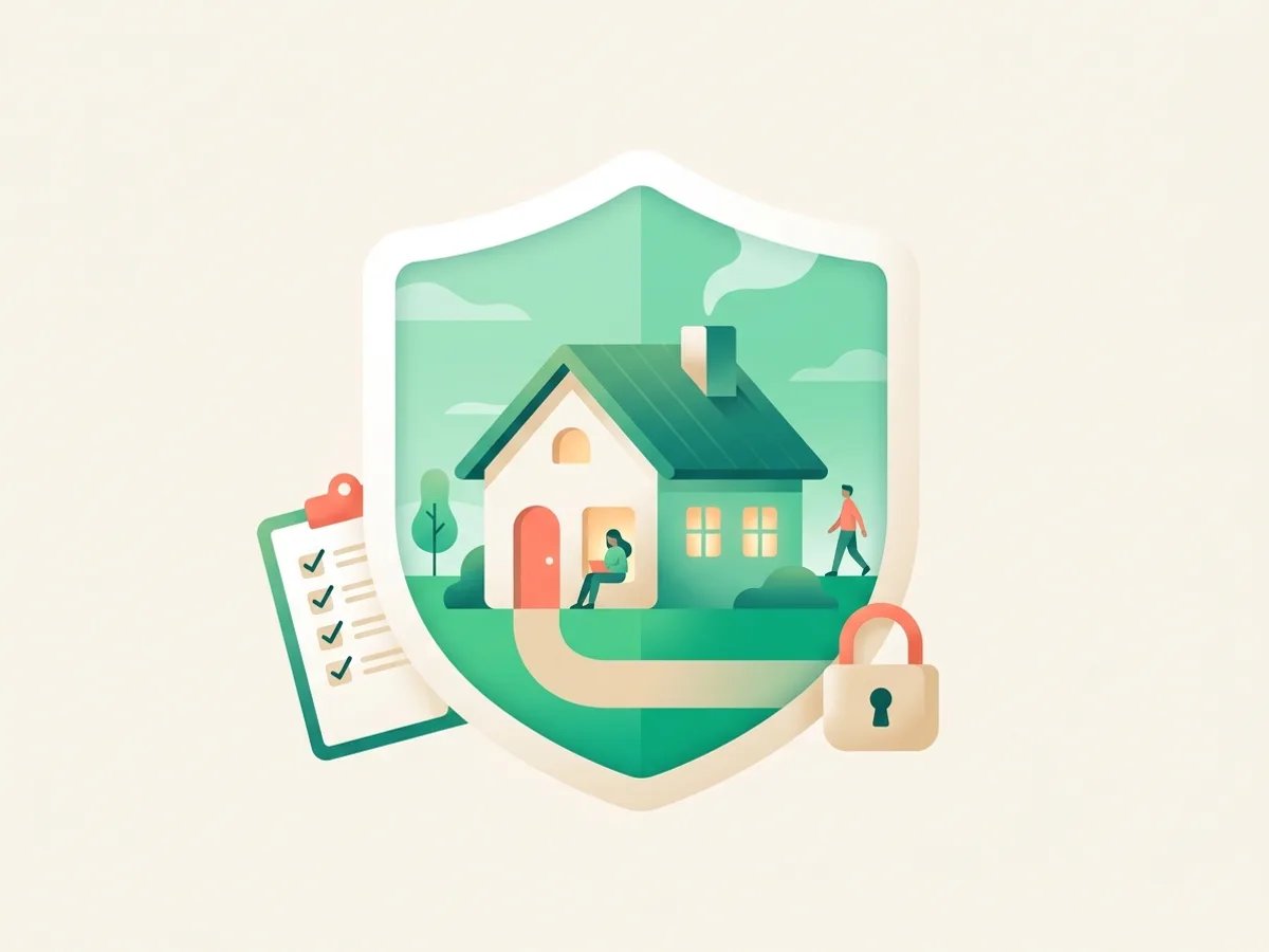 Illustration of a home protected by a shield, with a checklist and a padlock