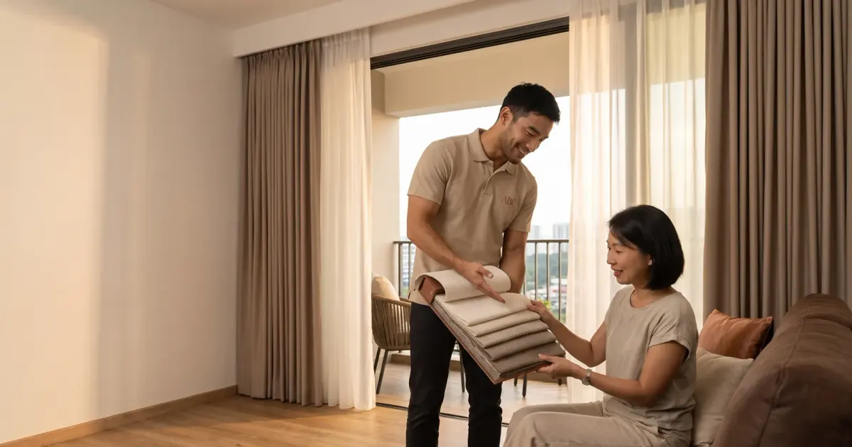 Abang Curtain consultant showing fabric samples to a homeowner