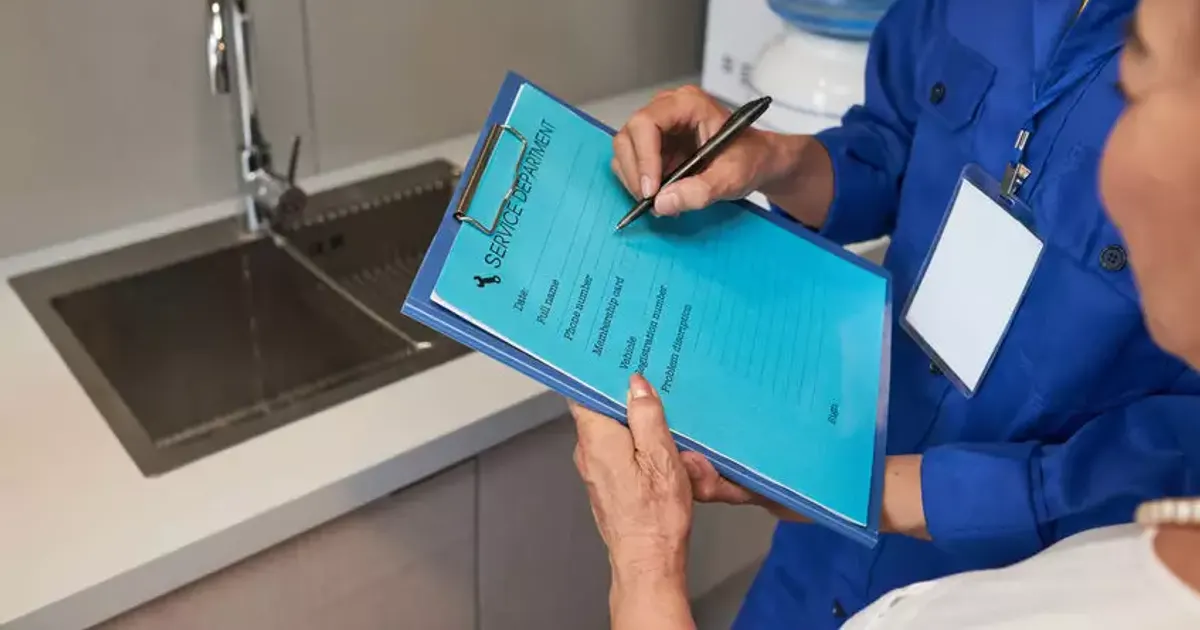 FixinGuru technician filling in a service form with a homeowner