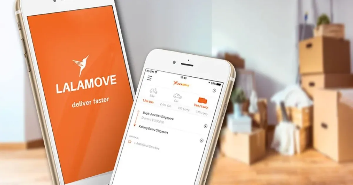 Lalamove app on a phone with moving boxes