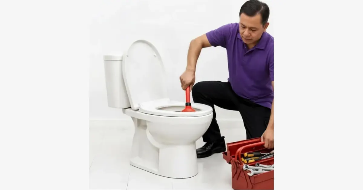 Urban Company plumber clearing a toilet with a plunger
