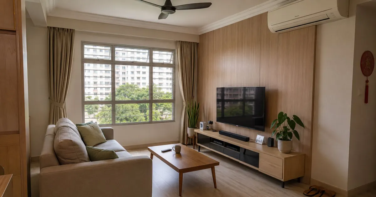 FC Interior Design HDB living room with wood feature wall